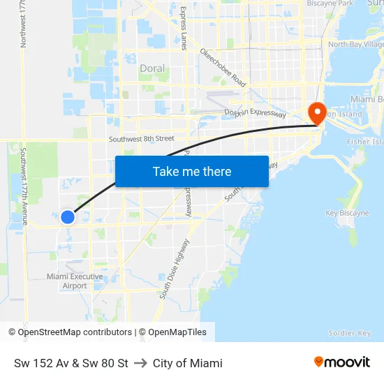 Sw 152 Av & Sw 80 St to City of Miami map