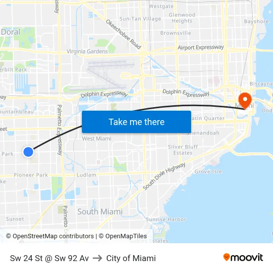 Sw 24 St @ Sw 92 Av to City of Miami map