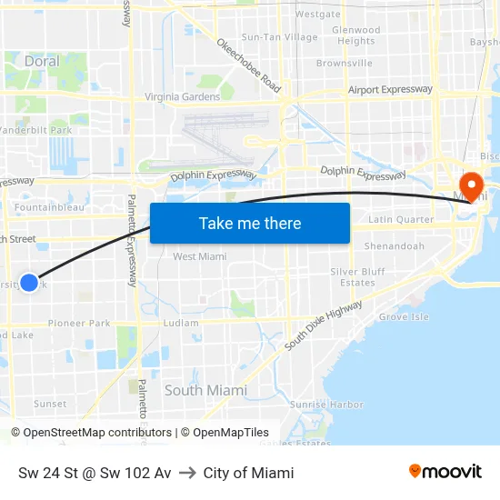 Sw 24 St @ Sw 102 Av to City of Miami map