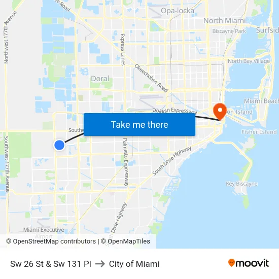 Sw 26 St & Sw 131 Pl to City of Miami map