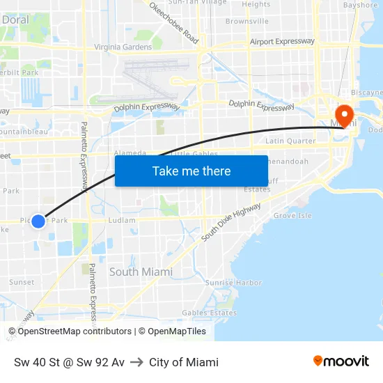 Sw 40 St @ Sw 92 Av to City of Miami map