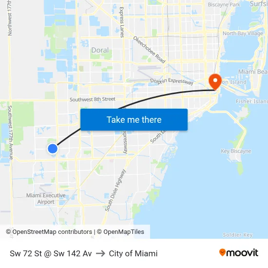 Sw 72 St @ Sw 142 Av to City of Miami map