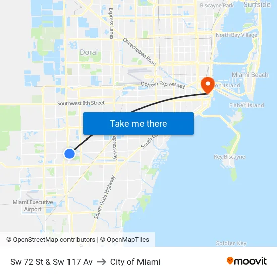 Sw 72 St & Sw 117 Av to City of Miami map