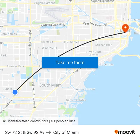 Sw 72 St & Sw 92 Av to City of Miami map