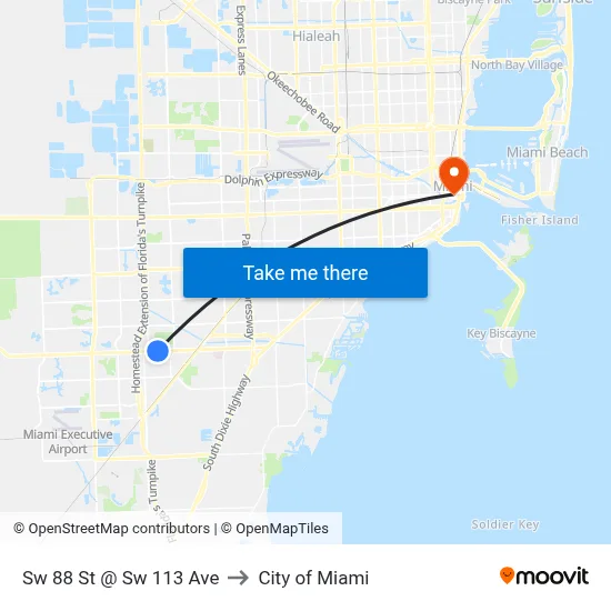 Sw 88 St @ Sw 113 Ave to City of Miami map