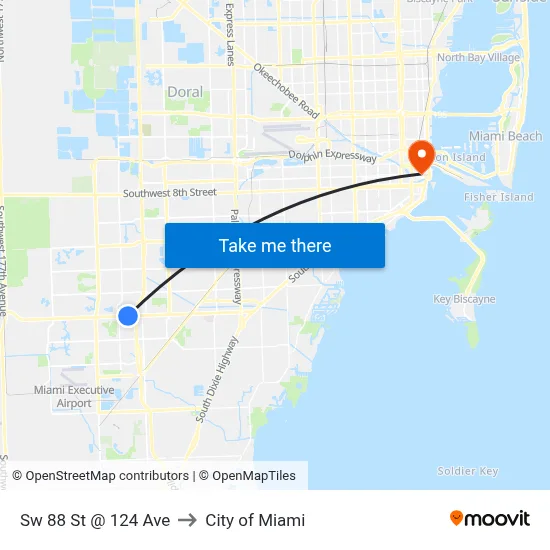 Sw 88 St @ 124 Ave to City of Miami map