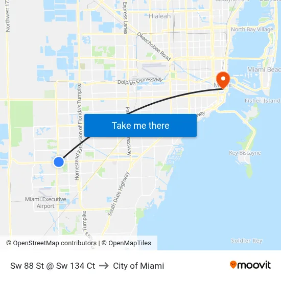 Sw 88 St @ Sw 134 Ct to City of Miami map