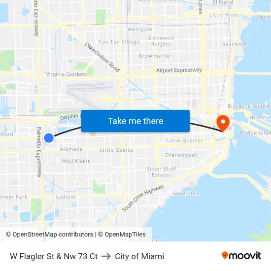 W Flagler St & Nw 73 Ct to City of Miami map
