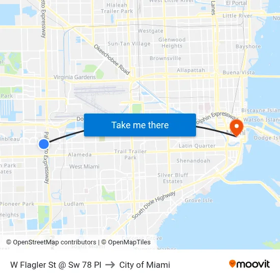 W Flagler St @ Sw 78 Pl to City of Miami map