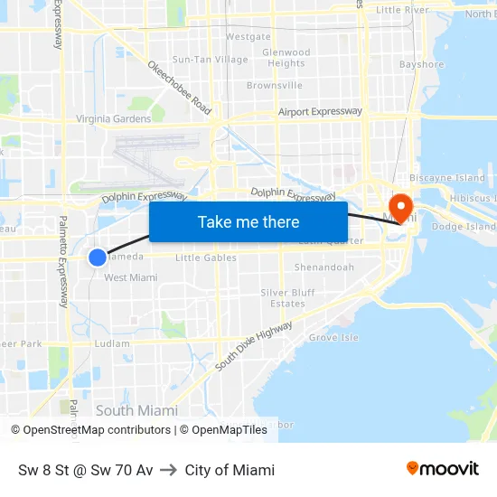 Sw 8 St @ Sw 70 Av to City of Miami map