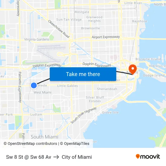 Sw 8 St @ Sw 68 Av to City of Miami map