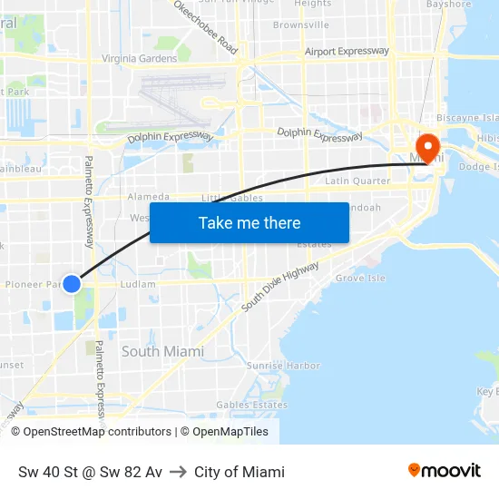 Sw 40 St @ Sw 82 Av to City of Miami map