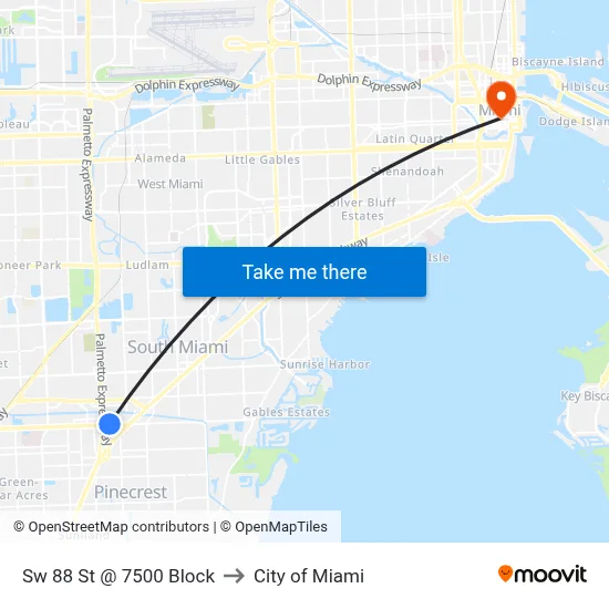 Sw 88 St @ 7500 Block to City of Miami map