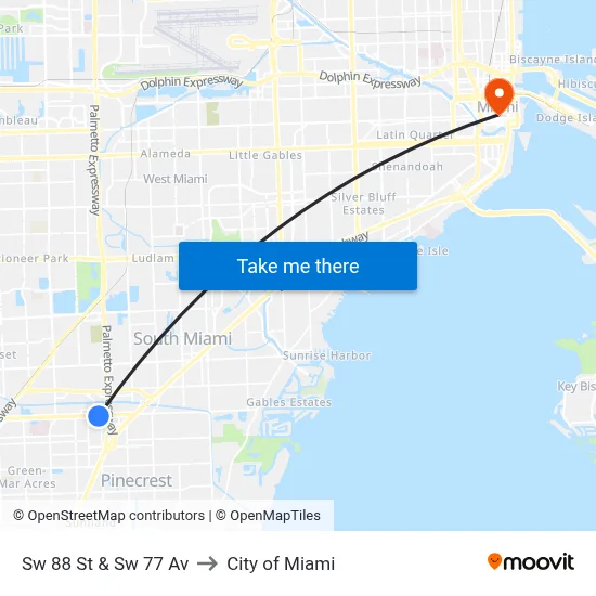 Sw 88 St & Sw 77 Av to City of Miami map