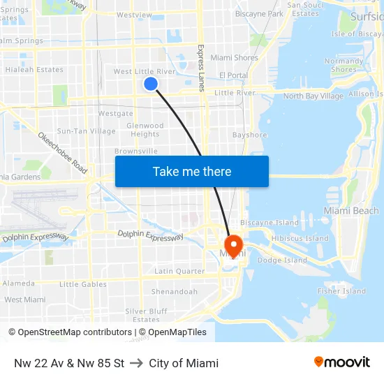 Nw 22 Av & Nw 85 St to City of Miami map