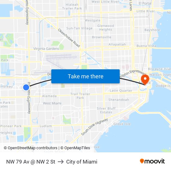 NW 79 Av @ NW 2 St to City of Miami map