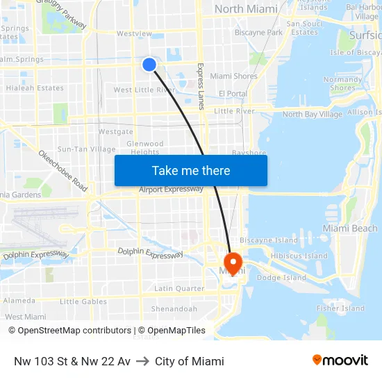 Nw 103 St & Nw 22 Av to City of Miami map