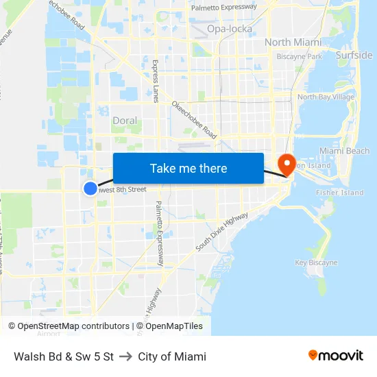 Walsh Bd & Sw 5 St to City of Miami map