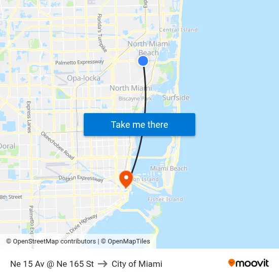 Ne 15 Av @ Ne 165 St to City of Miami map