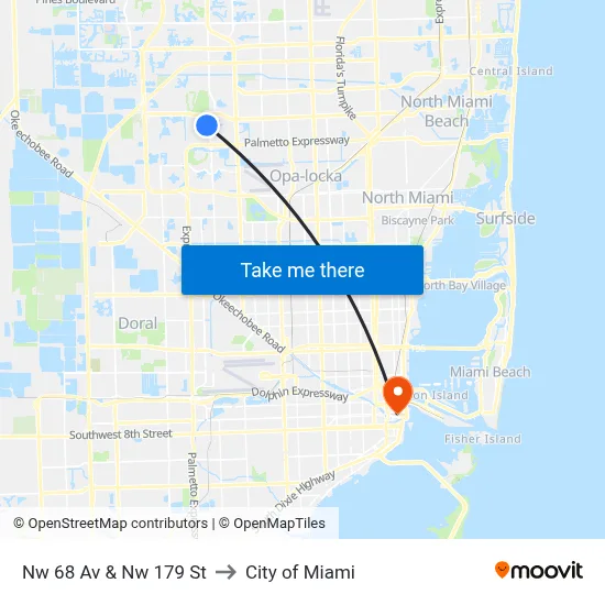 Nw 68 Av & Nw 179 St to City of Miami map