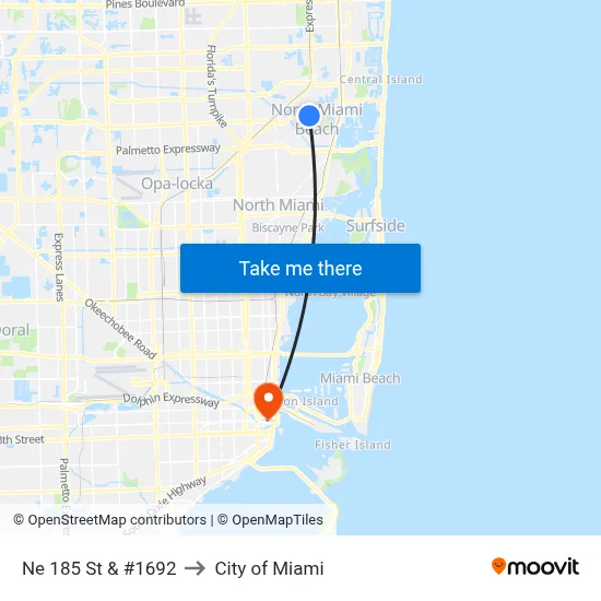 Ne 185 St & #1692 to City of Miami map