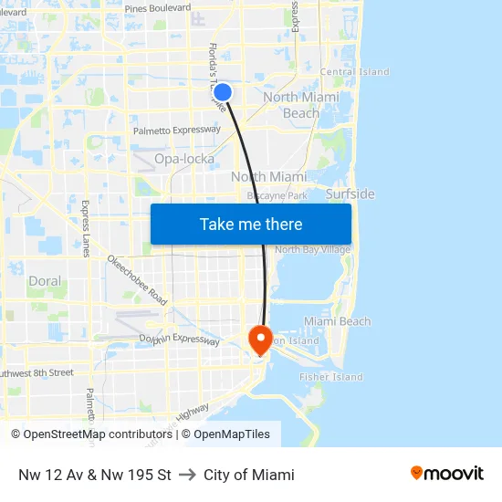 Nw 12 Av & Nw 195 St to City of Miami map