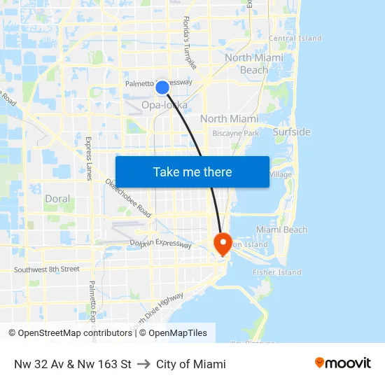 Nw 32 Av & Nw 163 St to City of Miami map