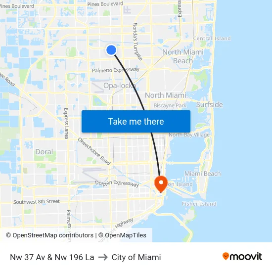 Nw 37 Av & Nw 196 La to City of Miami map