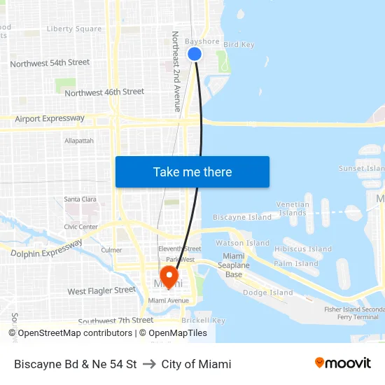 Biscayne Bd & Ne 54 St to City of Miami map