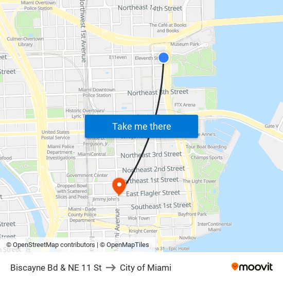 Biscayne Bd & NE 11 St to City of Miami map