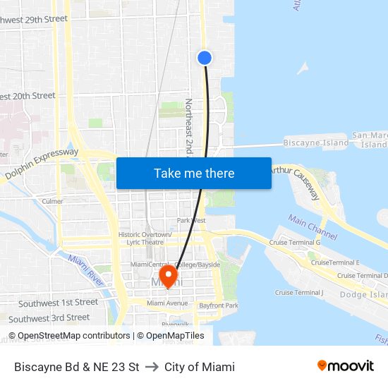 Biscayne Bd & NE 23 St to City of Miami map