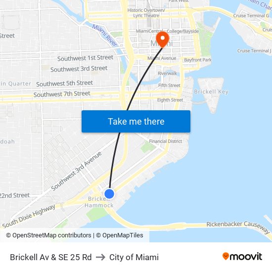 Brickell Av & SE 25 Rd to City of Miami map