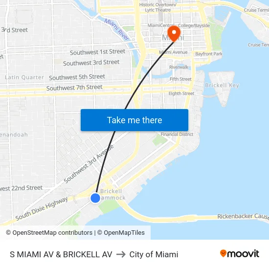 S Miami Av & Brickell Av to City of Miami map