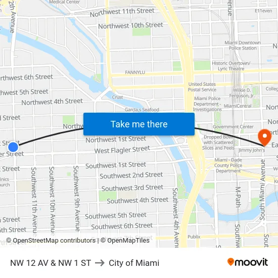 Nw 12 Av & Nw 1 St to City of Miami map