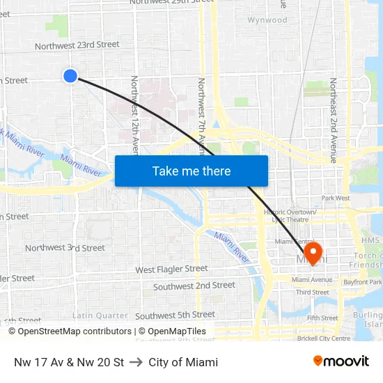 Nw 17 Av & Nw 20 St to City of Miami map