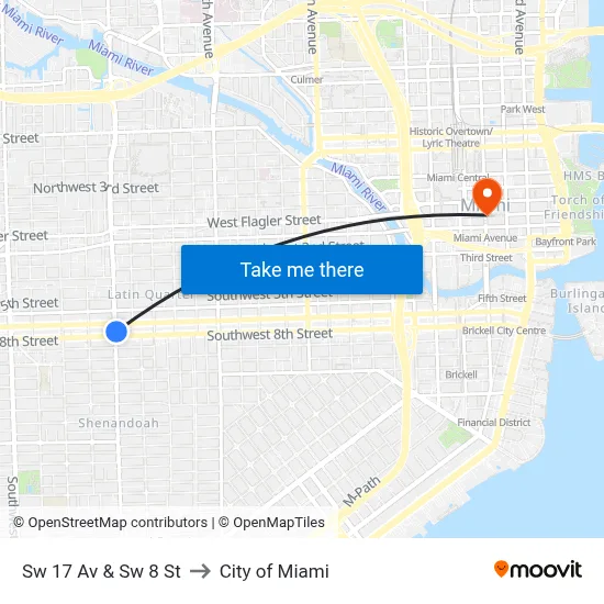 Sw 17 Av & Sw 8 St to City of Miami map