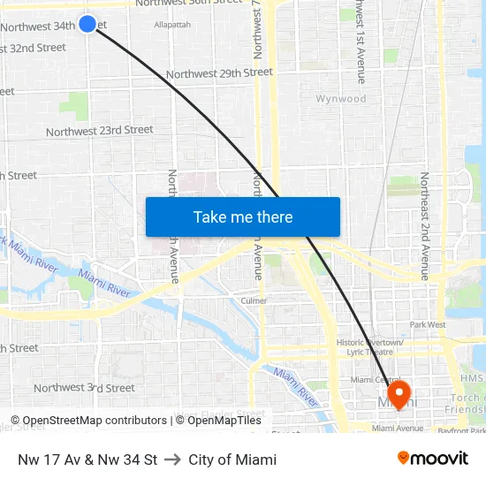 Nw 17 Av & Nw 34 St to City of Miami map