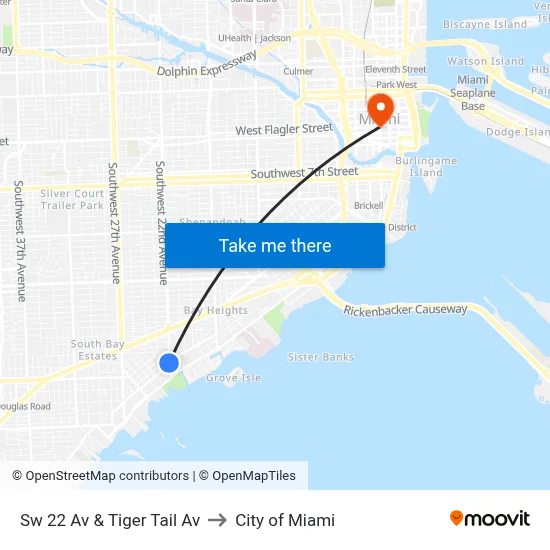 Sw 22 Av & Tiger Tail Av to City of Miami map