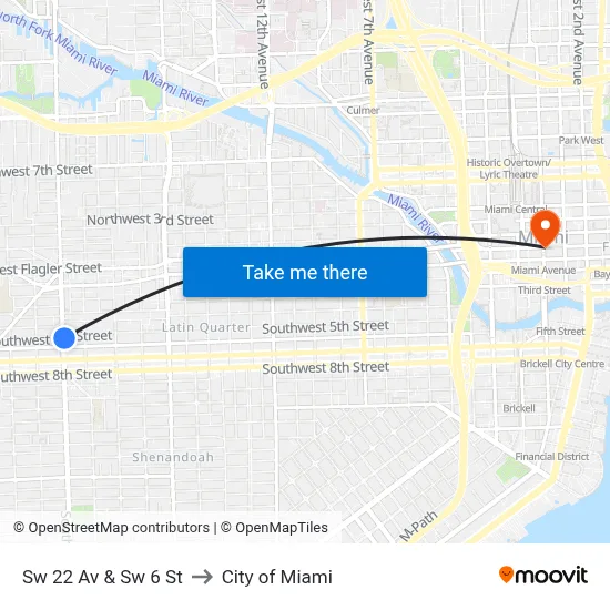 Sw 22 Av & Sw 6 St to City of Miami map