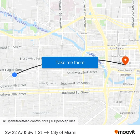 Sw 22 Av & Sw 1 St to City of Miami map
