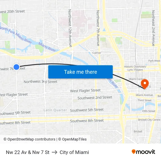 Nw 22 Av & Nw 7 St to City of Miami map