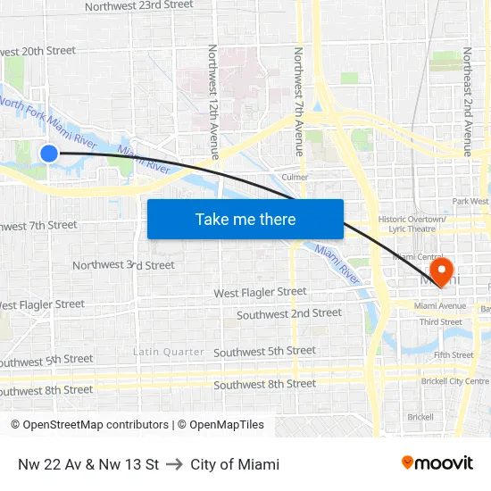 Nw 22 Av & Nw 13 St to City of Miami map