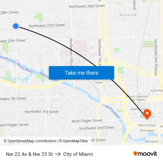 Nw 22 Av & Nw 23 St to City of Miami map