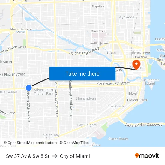 Sw 37 Av & Sw 8 St to City of Miami map