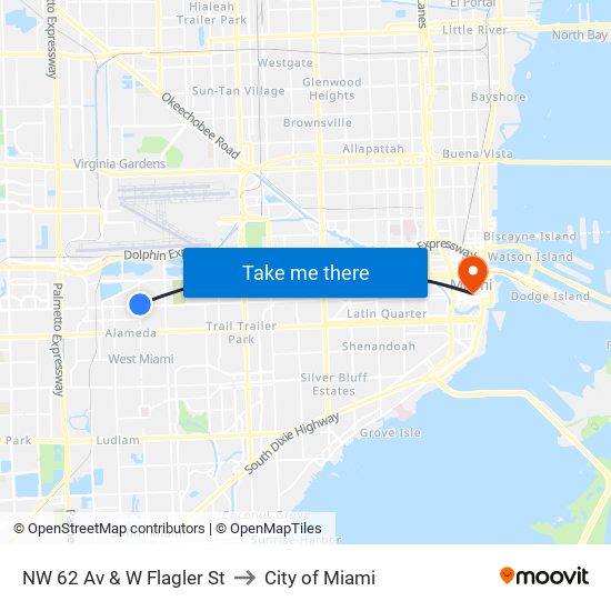 NW 62 Av & W Flagler St to City of Miami map