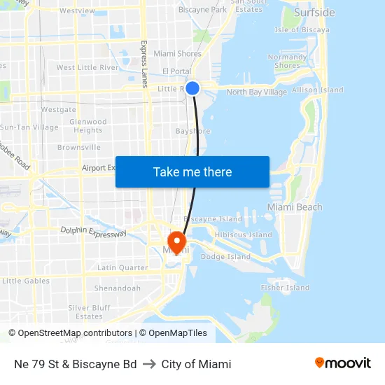 Ne 79 St & Biscayne Bd to City of Miami map