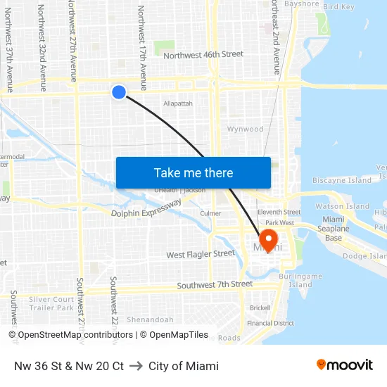 Nw 36 St & Nw 20 Ct to City of Miami map