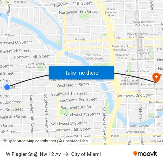 W Flagler St @ Nw 12 Av to City of Miami map
