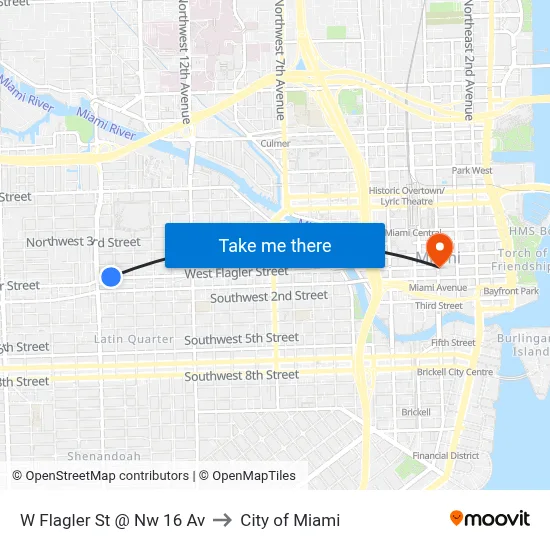 W Flagler St @ Nw 16 Av to City of Miami map
