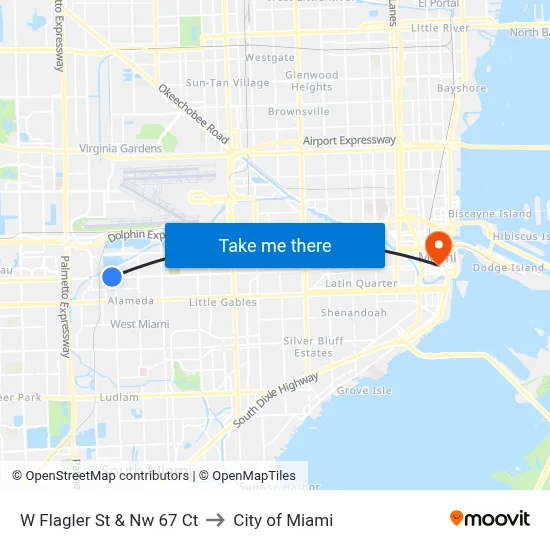 W Flagler St & Nw 67 Ct to City of Miami map